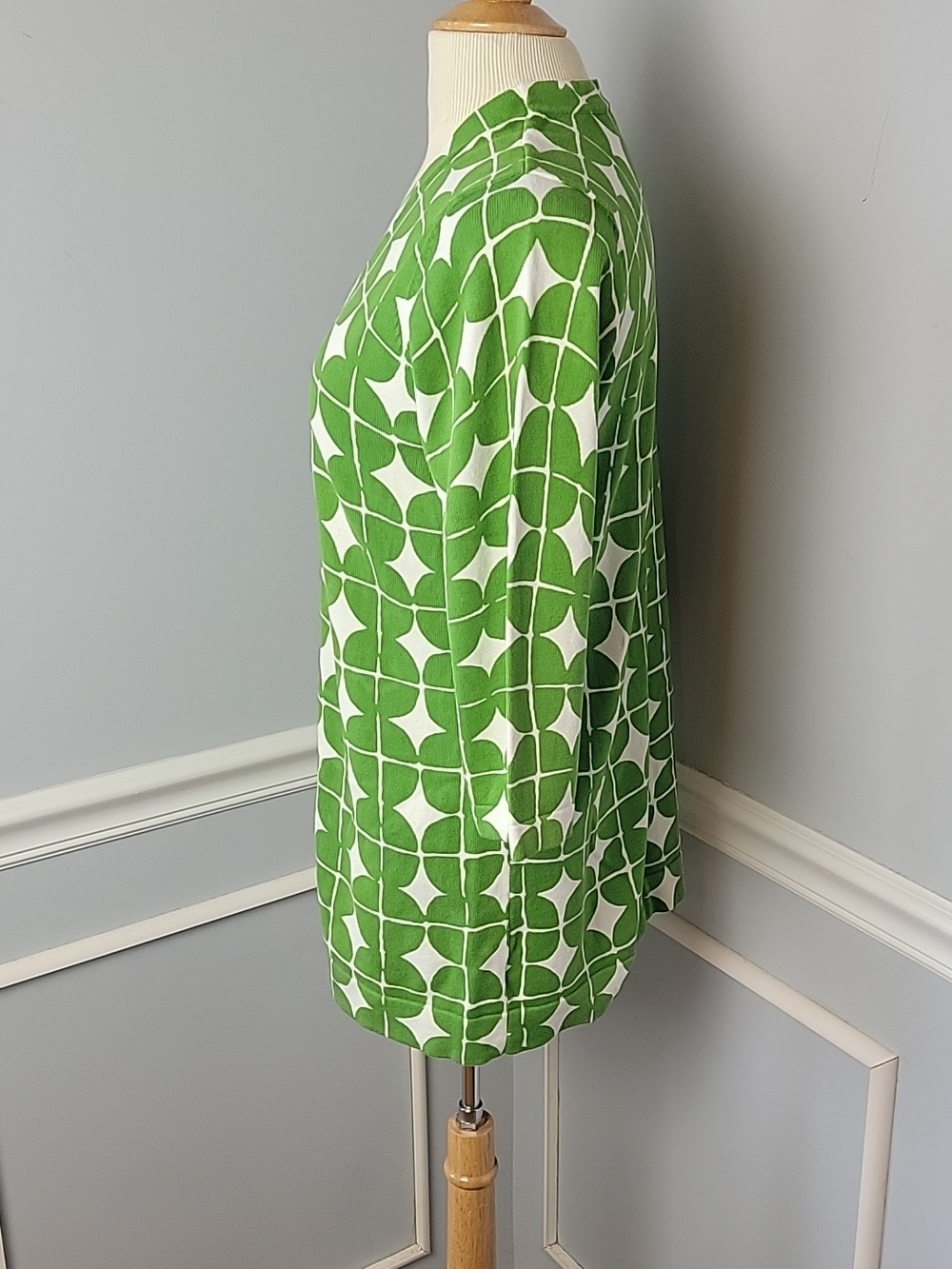 ISAAC MIZRAHI LIVE Green White Retro Abstract Print V-Neck Cardigan Sweater M - Picture 2 of 7